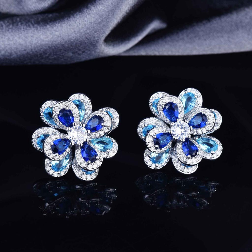 Temperament Color Zircon Flower Set, Needle Earrings, Simple Three-Dimensional Camellia Pendant, Open Ring.