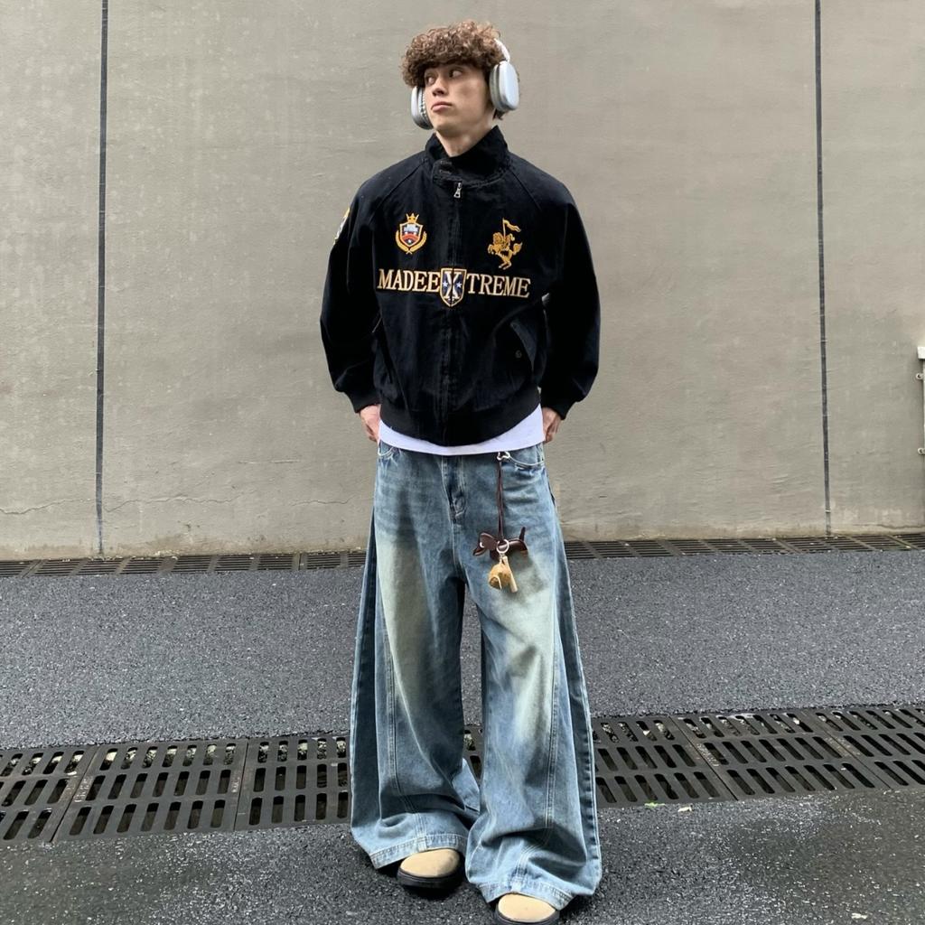 RogueWave American Retro Vintage Embroidered Trendy Zipper Jacket Men Hip Hop Lapel Bomber Jacket Y2K Streetwear Loose Casual Coats