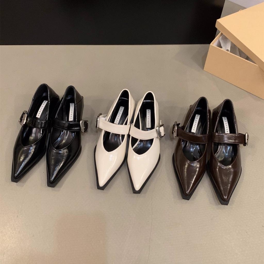 French black pointed single shoes women's shoes 2025 new spring, autumn and winter medium and high heels evening shoes Mary Jane small leather shoes