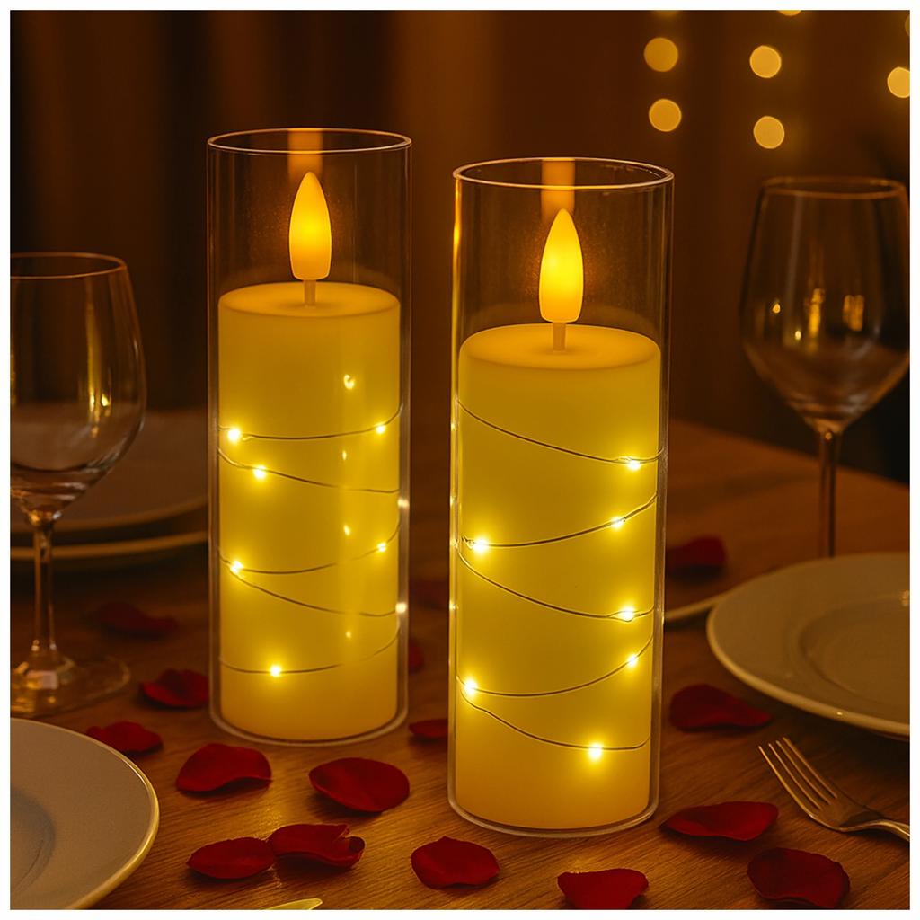 LED Pillar Candle with String Lights and Remote Control - 3 Sizes