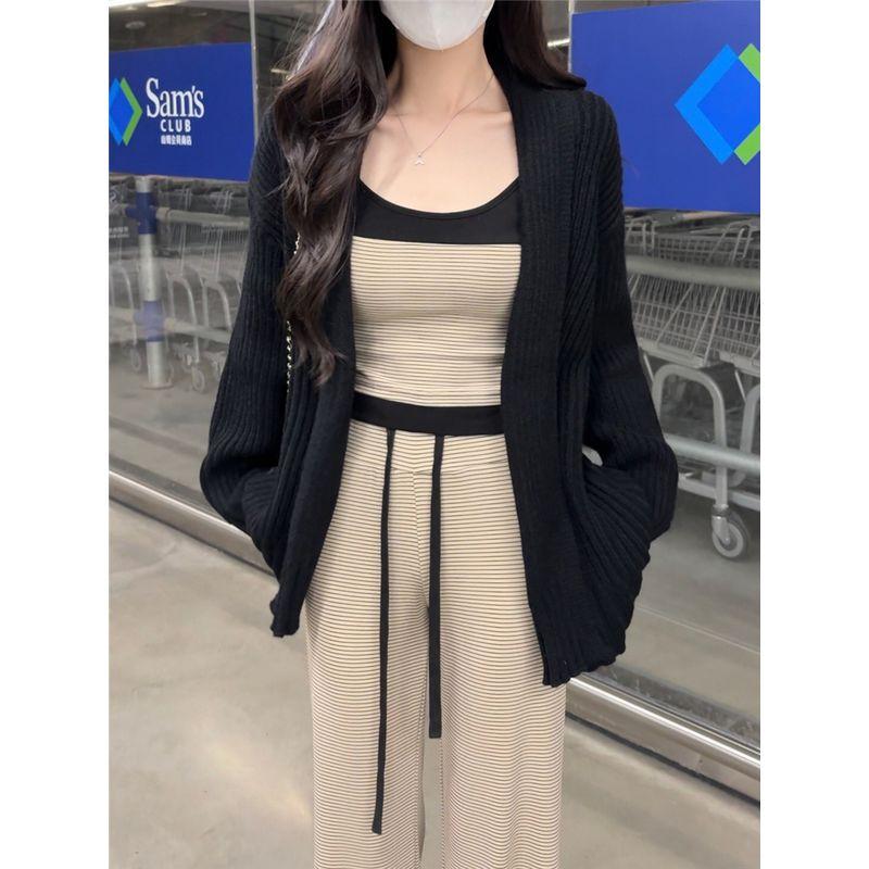 

Kumikumi Casual Suit Black Knitting Cardigan Women s Inner Vest Autumn Stripes Wide Leg Pants Three-Piece Set Black vest and pants M