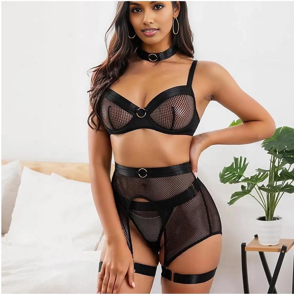 European & American Erotic Mesh Lingerie Set with Choker, Waist Belt, Half Apron, Fishnet, Leg Rings & Sexy Bra