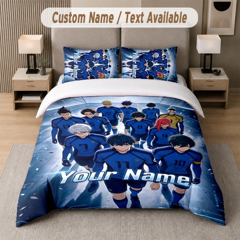 Blue Lock 3Pcs Bedding Set, Personalized Custom Name Text, 1 Duvet Cover & 2 Pillowcases For Bedroom