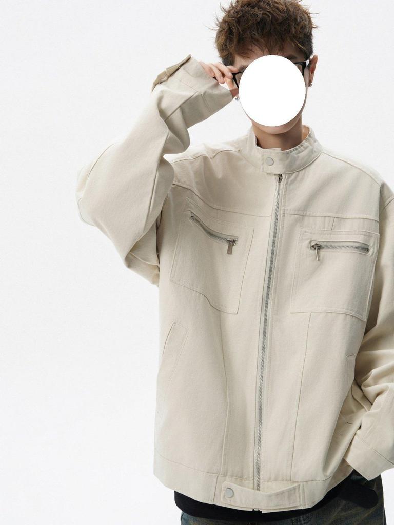 Men's Retro Canvas Patchwork Jacket - American Style Stand-Up Collar Casual Outerwear