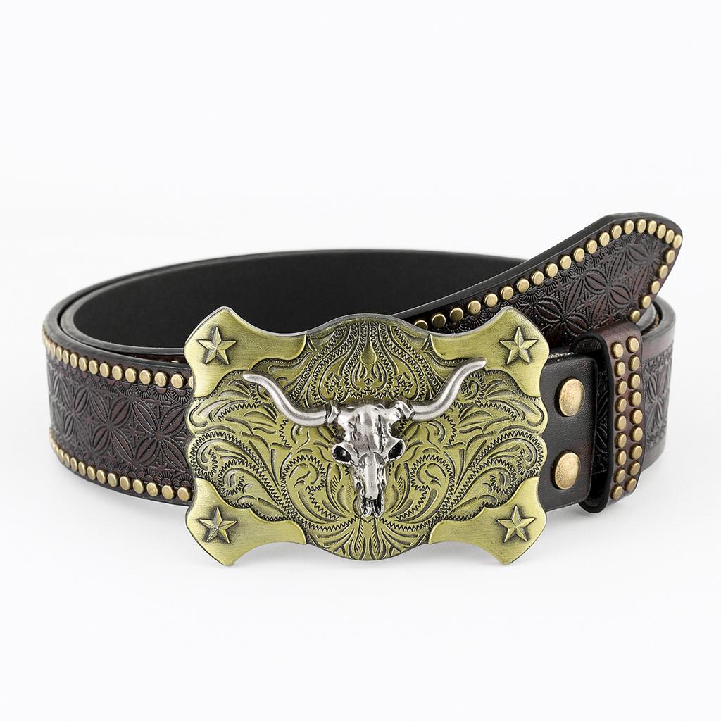 Western Denim Belt Bull Head Retro Green Retro Men'S Punk Embossed Pu Leather Belt