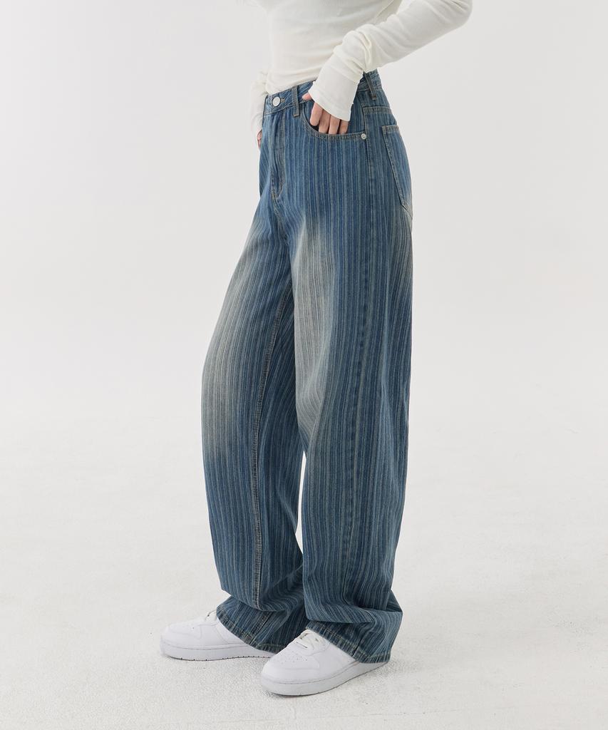 Akeusi Loose Textured Stripe Balloon Fit Wide Denim Pants Unisex (Medium Blue)