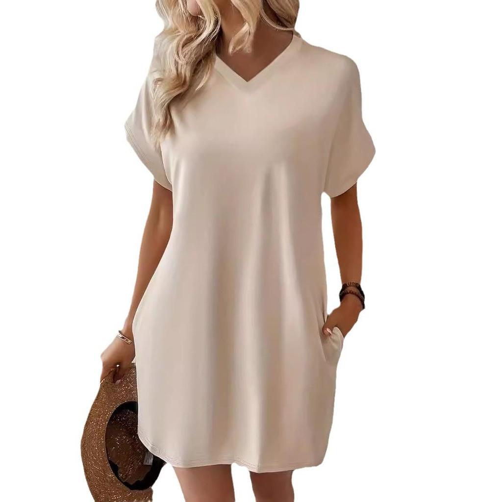 2024 Women's Solid Color Round Neck Loose Short Sleeve Pocket Dress - Spring/Summer Collection