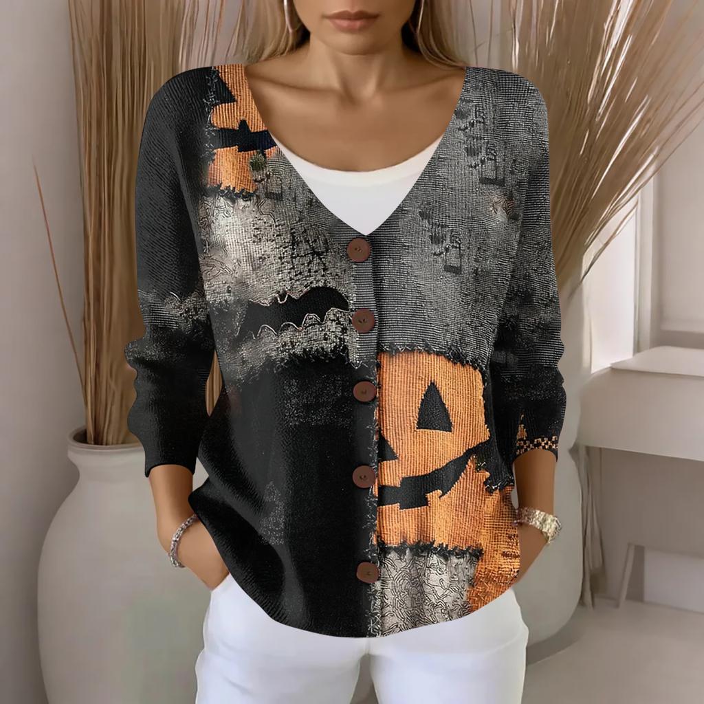 Women's Fashion Casual Knit Sweater Button-Up Halloween Printed  Cardigan Jacket