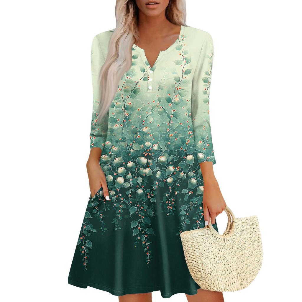 Women's Fashionable V-Neck Button Seven Part Cuff Pocket Floral Dress