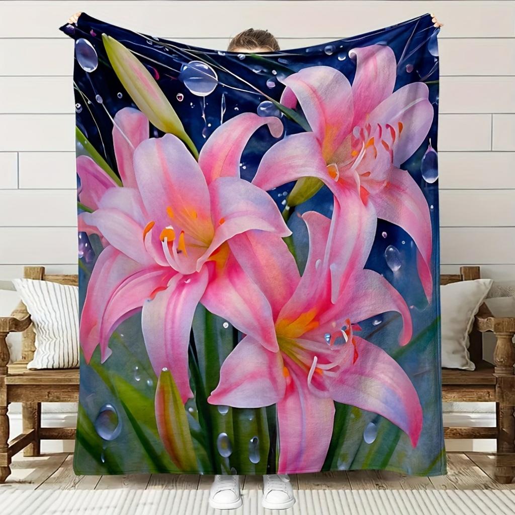Luxury Pink Lily Flower Blanket - Soft Flannel All-Season Bedspread with Digital Print, Pastel Pink & Green Floral Design 130x150cm51x59in