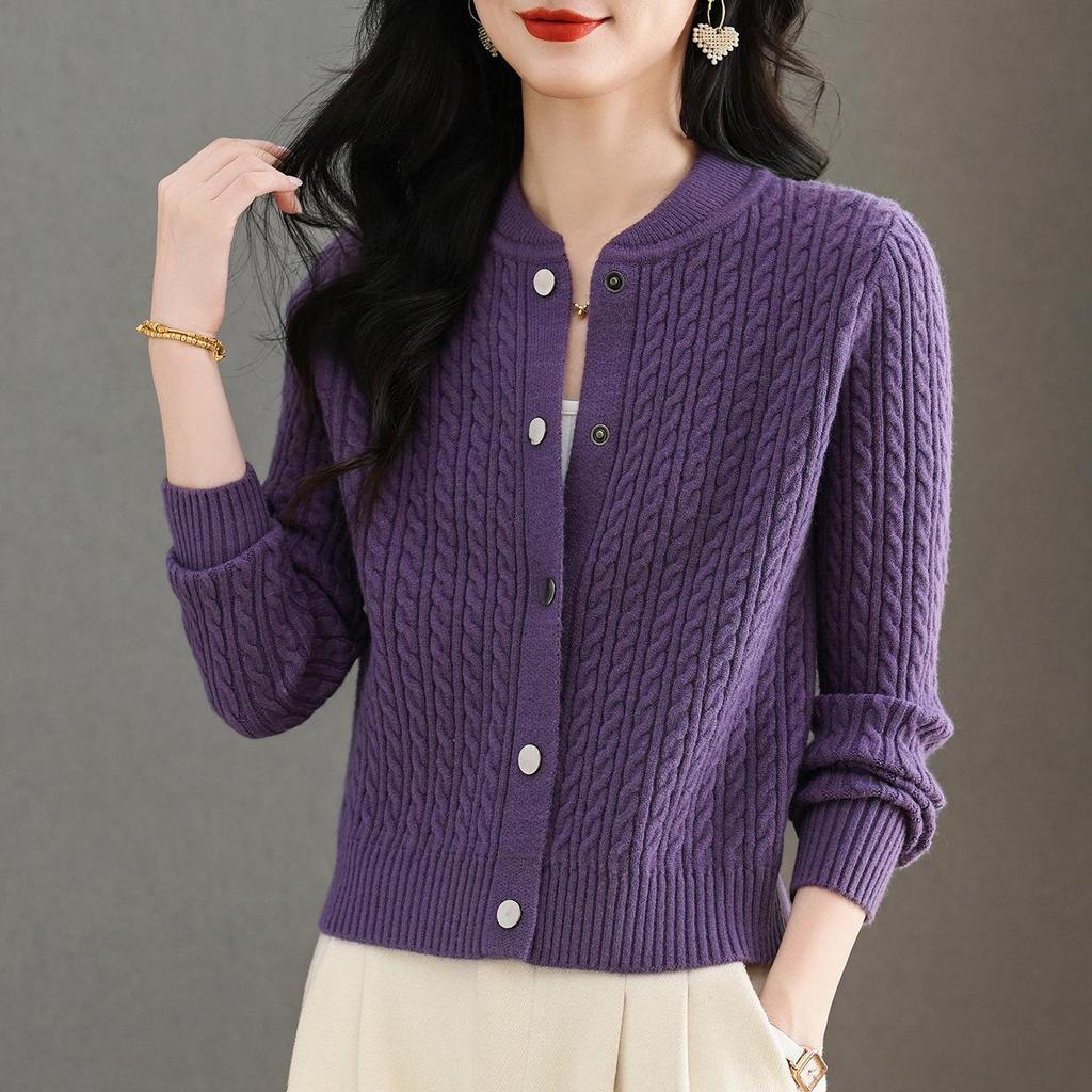 2025 Autumn/Winter Women's Thick Cable Knit Round Neck Cardigan Sweater Coat