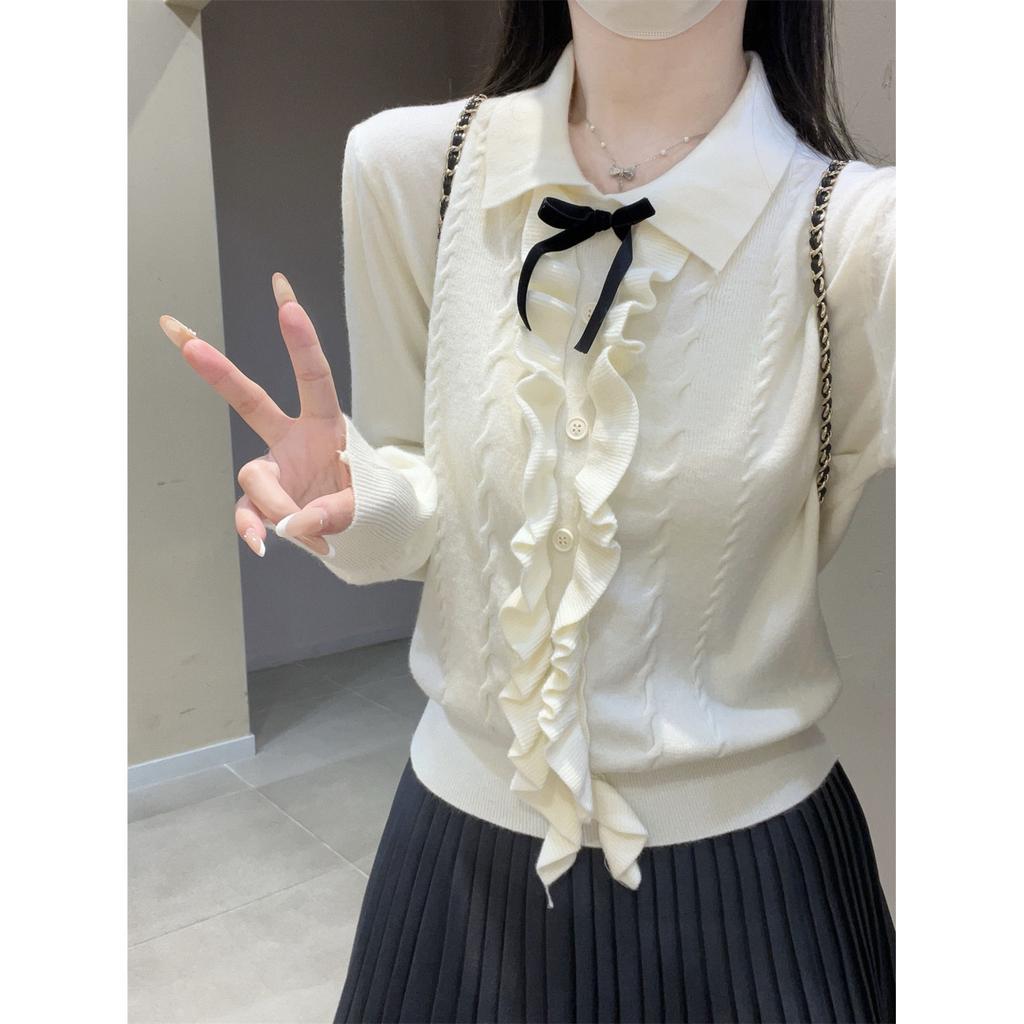 Olo Neck Knitted Sweater Women's Fungus Edge Bow Long-sleeved Bottoming Shirt Autumn and Winter Design Sense Inner Top