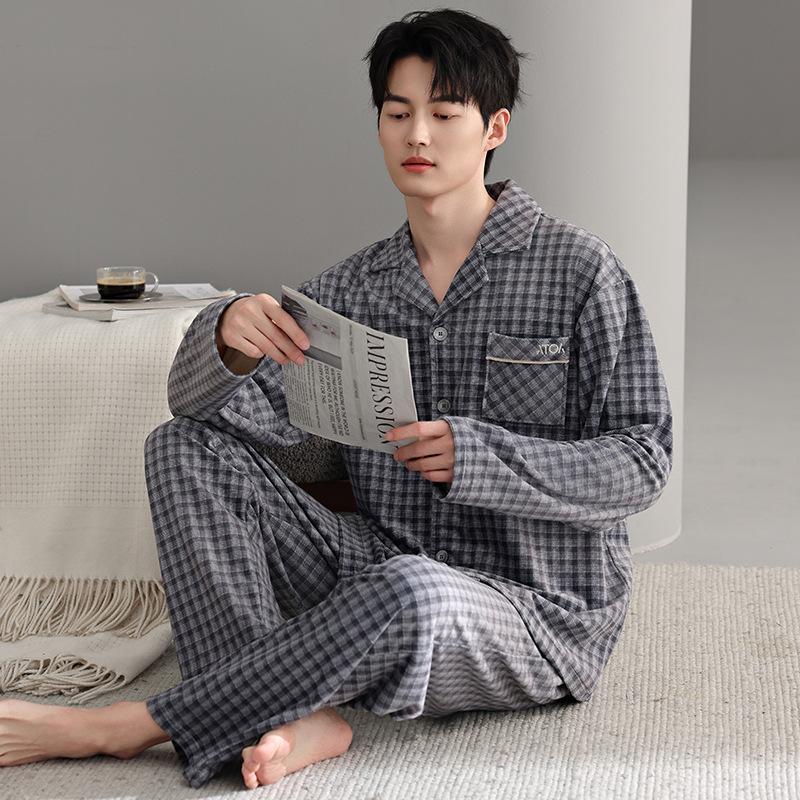 Pajamas Men'S Autumn And Winter Island Fleece Fleece Thin Fleece Long Sleeve Coral Fleece Loungewear Medium Dad Large Size Set