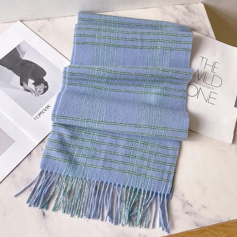 Cool blue pure wool scarf women's winter thickened plaid scarf men's long warm haze blue shawl