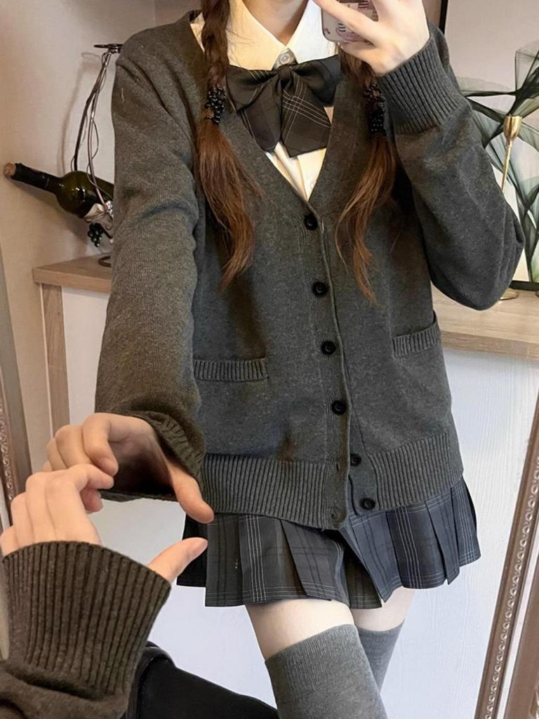 Japanese College Style V-Neck Cardigan for Women - Autumn/Winter School Uniform Sweater