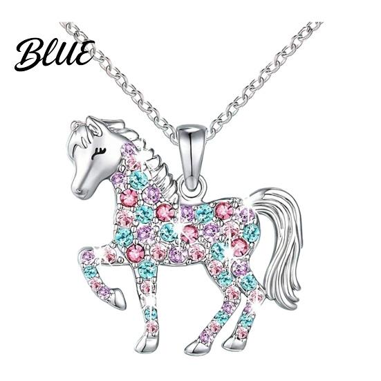 Girls Horse Necklace Rhinestone Pendant Colorful Faux Gems Cute Animal
