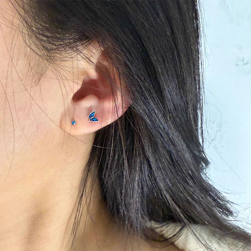 High-End 999 Sterling Silver Blue Butterfly Earrings: Elegant Small Ear Studs for Women
