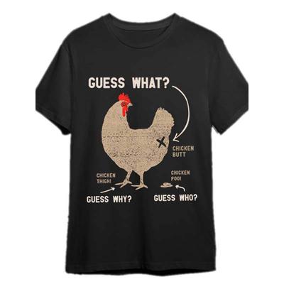 European Sizes Fun "Guess Chicken Butt" Men's Printed T-shirt- Black Short Sleeved Casual Shirt with Humorous Chicken Pattern Design