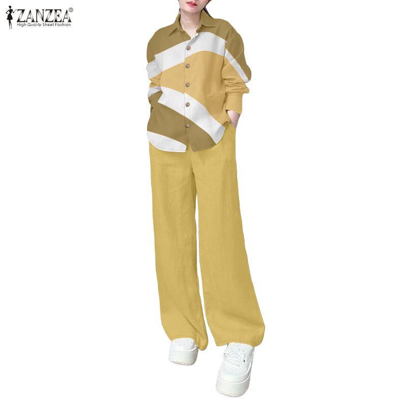ZANZEA Women Long Sleeve Print Blouse and Pants Casual Two Piece Suit Sets