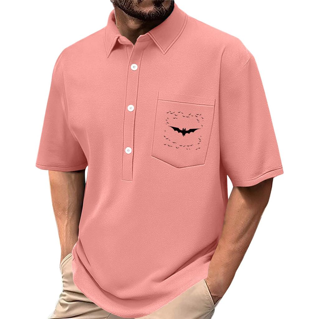Men's Summer Solid Color Print Four-sided Stretch Lapel Button Pocket Shirt Casual Sports Short-sleeved Top