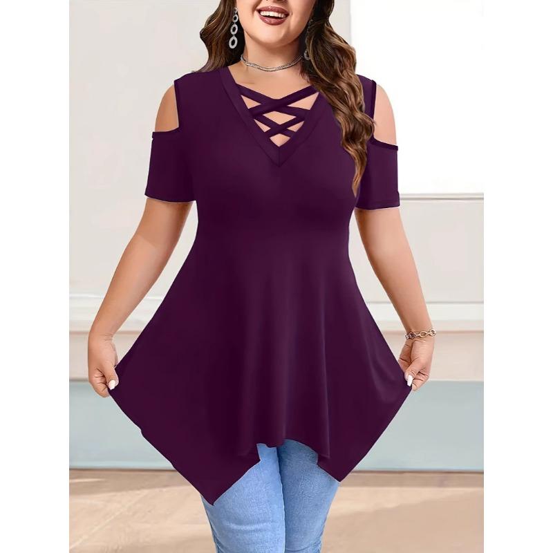 V-neck Cross-strapped Off-shoulder Short-sleeved Solid-color Women’s T-shirts