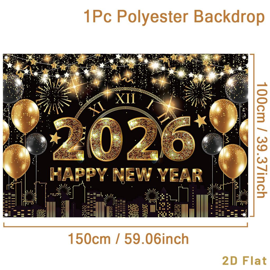 Black Gold Happy New Year 2026 Backdrop Glitter Firework Christmas Party Decoration Photography Background New Year Photo Props