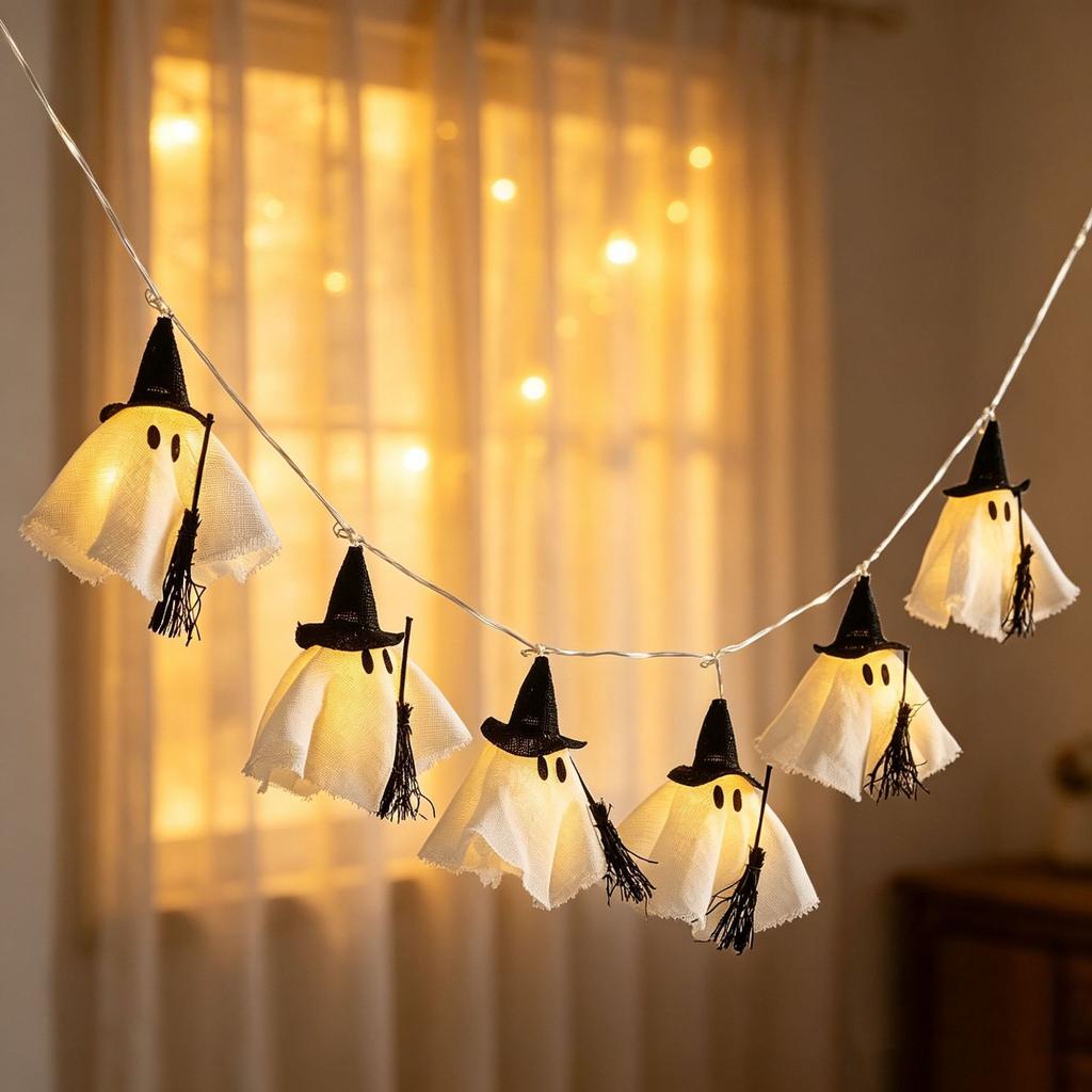 Halloween Ghost String Lights LED Witch Hat Fairy Light Battery Operated Hanging Garland Spooky Home Holiday Party Decor