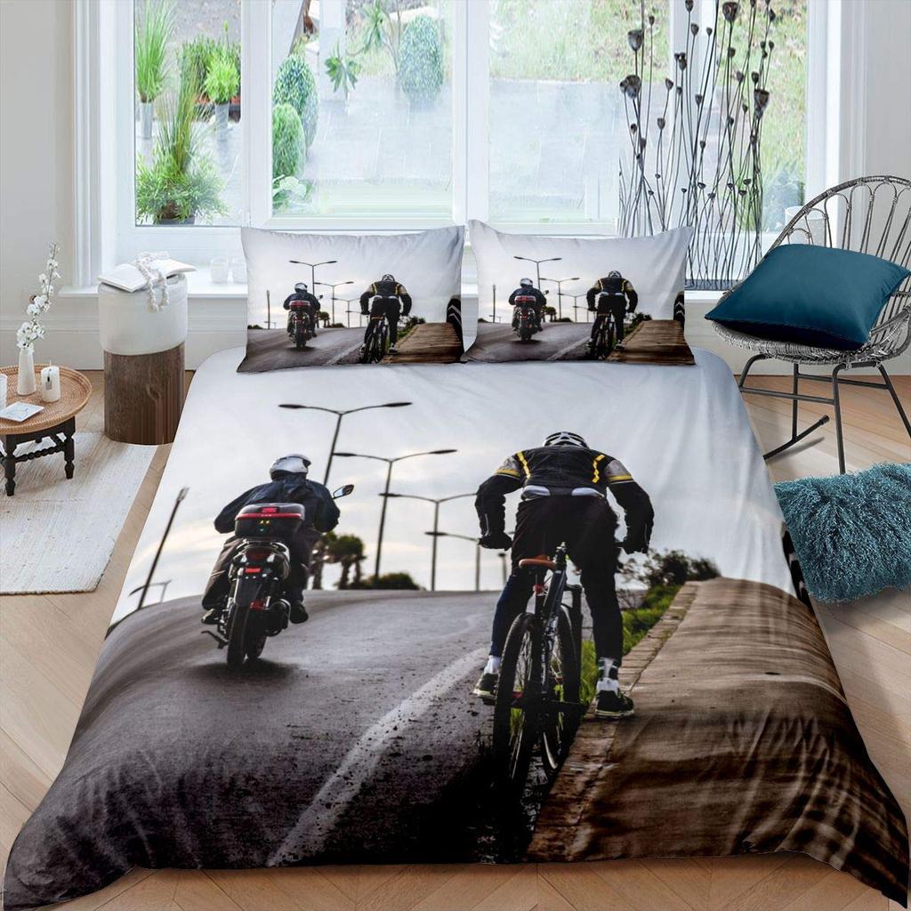 Bicycle Duvet Cover Set Motocross Racer Bedding Set King Size Mountain Bike Comforter Cover Extreme Speed Sports Bedspread Cover