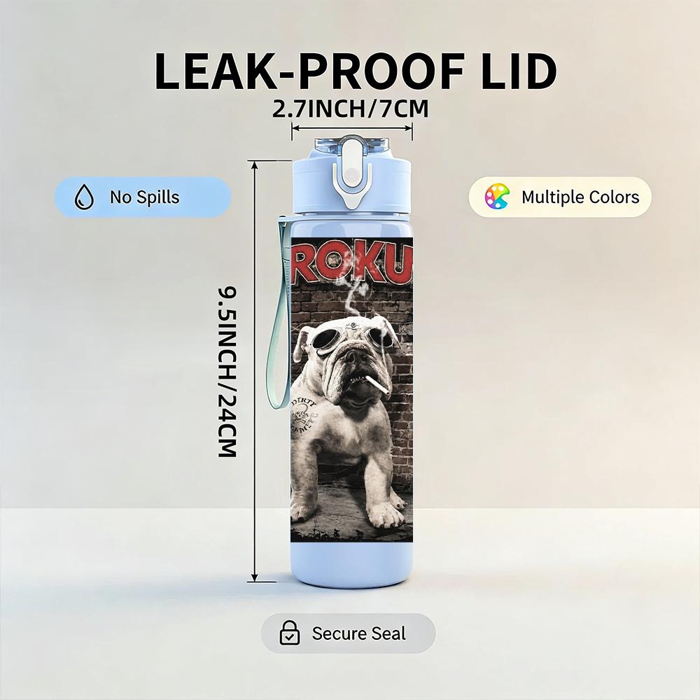 1 Stück Retro Bulldogge Hund Vintage Porträt Druck 750ml Tragbare Sportwasserflasche Auslaufsicher Reise Fitnessstudio Trinkbecher