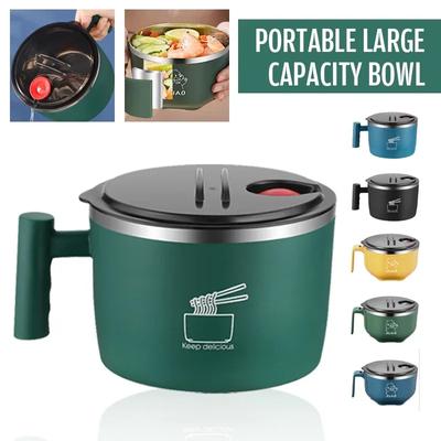 Bol à ramen en acier inoxydable 1000 ml avec couvercle, bol à nouilles instantanées avec poignée, soupe, céréales Kawaii, anti-brûlure