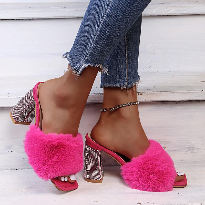 Fashion Aphixta Baby Pink Real Rabbit Fur Women Slippers 10cm Super High Heels Crystal Heel Shoes Square Toe Furry Slides Plus Size 43