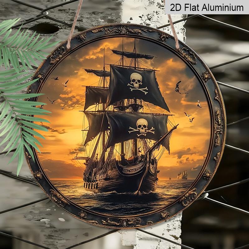 2D Flat, 1pc Vintage Pirate Ship Wall Decor - Round Aluminum Metal Nautical Sign, Jolly Roger Skull & Crossbones Wall Plaque, Suitable for Home, Bar