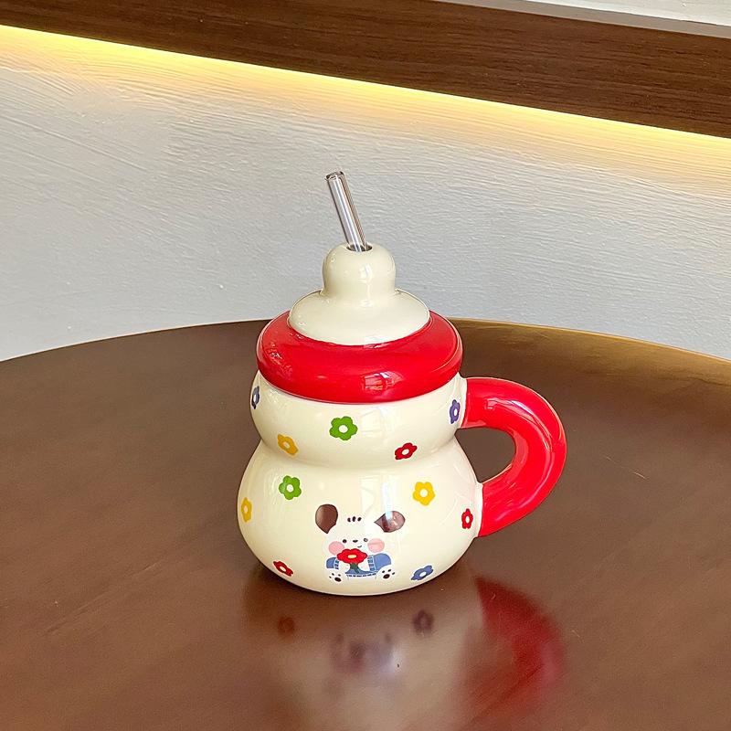 

Creative straw cup cute couple ceramic mug birthday gift girl gift box 401-500ml
