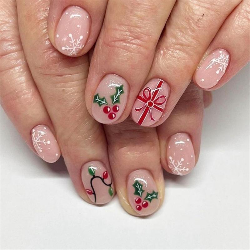 Holiday Festive Short Square Press On Nails Christmas Snowflake Sparkling False Nail French Tip 24Pcs Stick on Nail