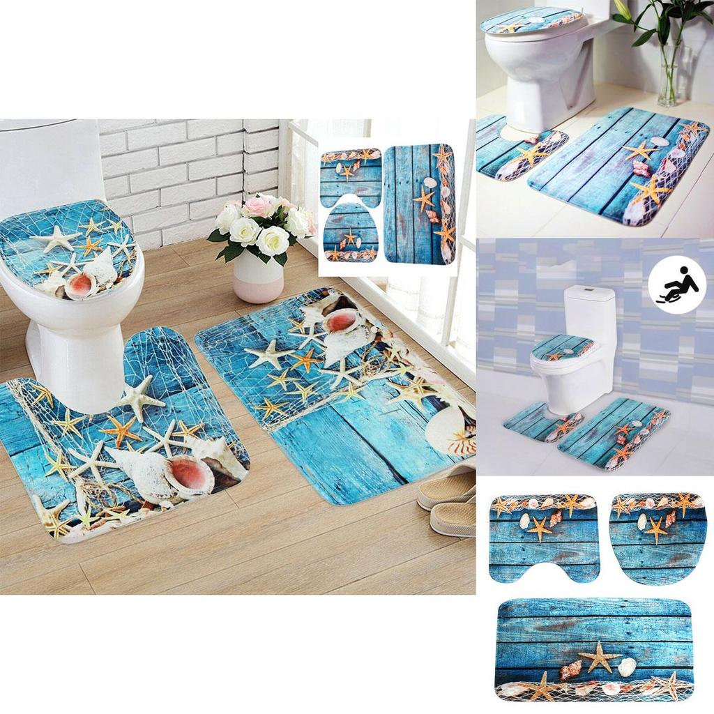 Luxurious 3pcs Beach Nonslip Bathroom Toilet Seat Cover Pedestal Rug Bath Mat Carpet Set