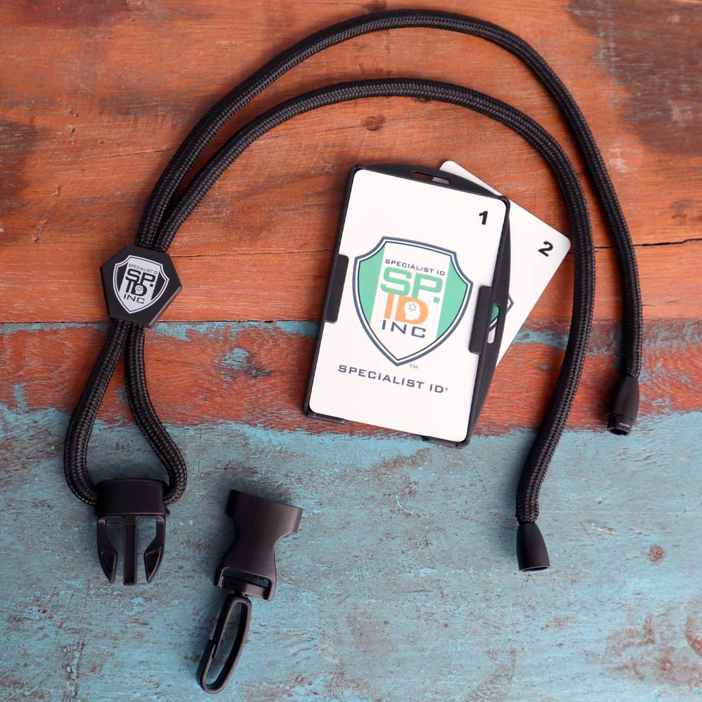 Specialist ID Metal Detector Safe Strap with Badge Holder Displays 2 Cards Double Sided Open Face Separation Cord Removable Plastic Clip Quick Release