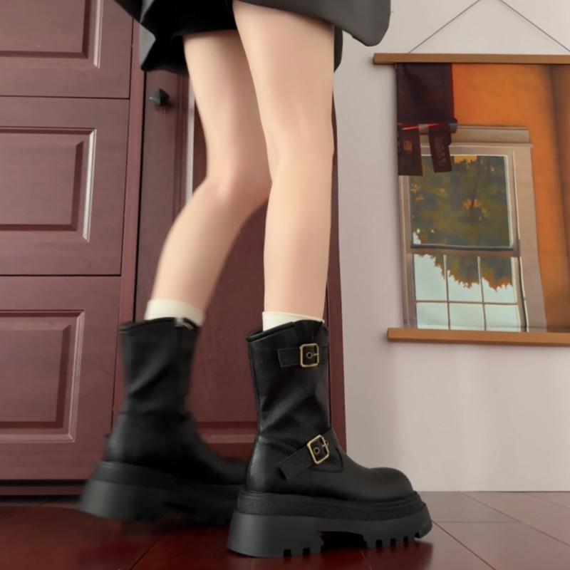 Retro brown cowboy knight boots women's 2025 autumn new versatile British style thin Martin boots platform short boots