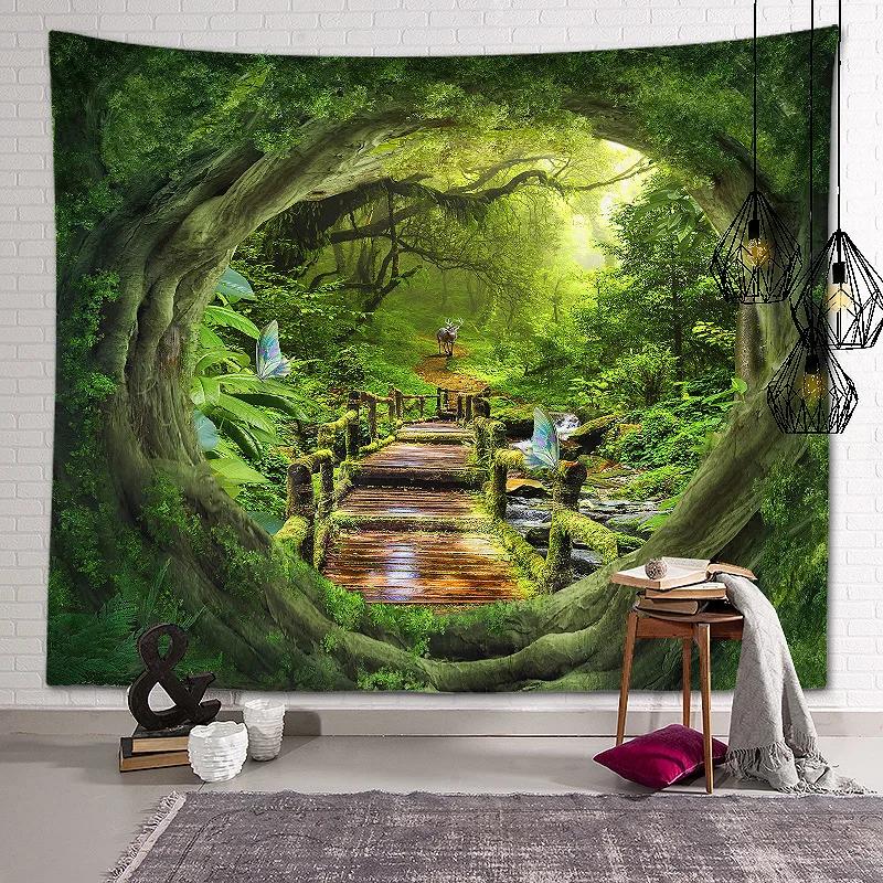 New Landscape Tapestry Tree Hole Window Beautiful Wall Cloth Green Forest  Background Painting