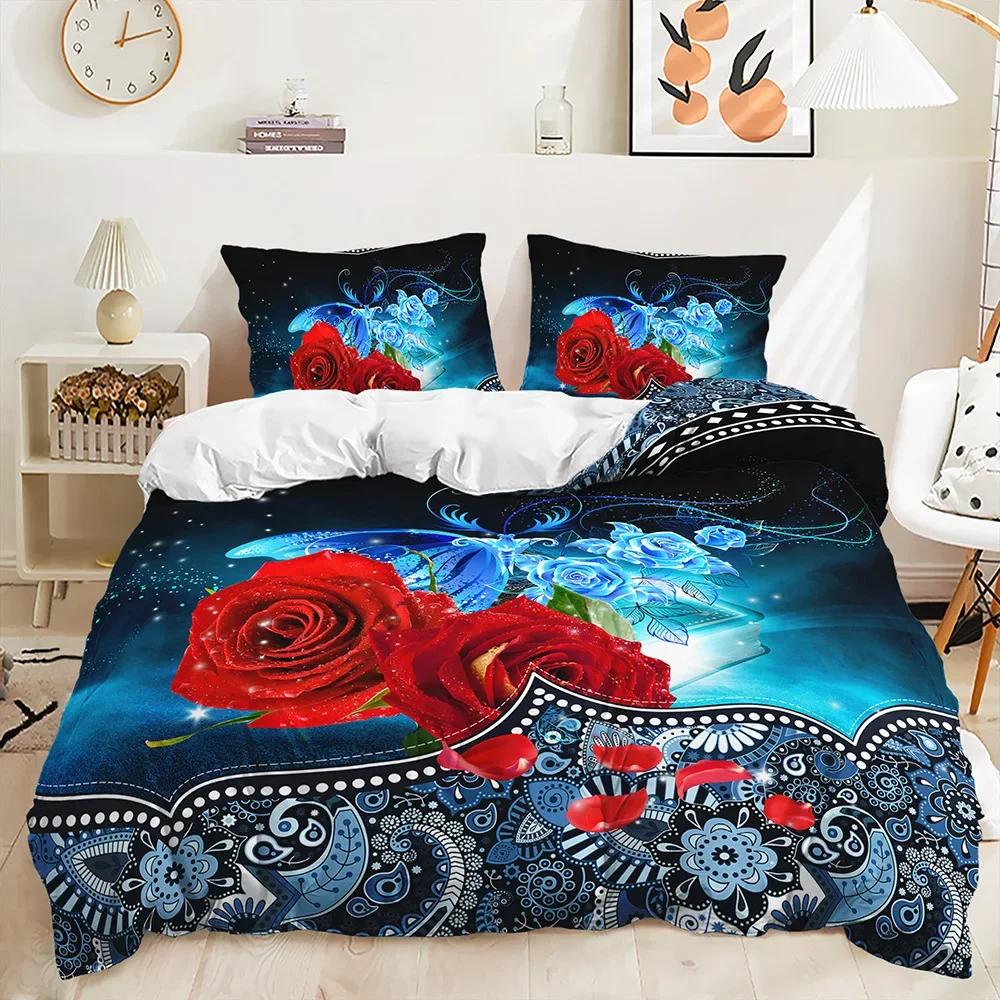 Comforter Rose Floral Romantic Flowers Bedding Set Butterfly Comforter Twin Queen For Valentine'S Day Wedding Room Decor