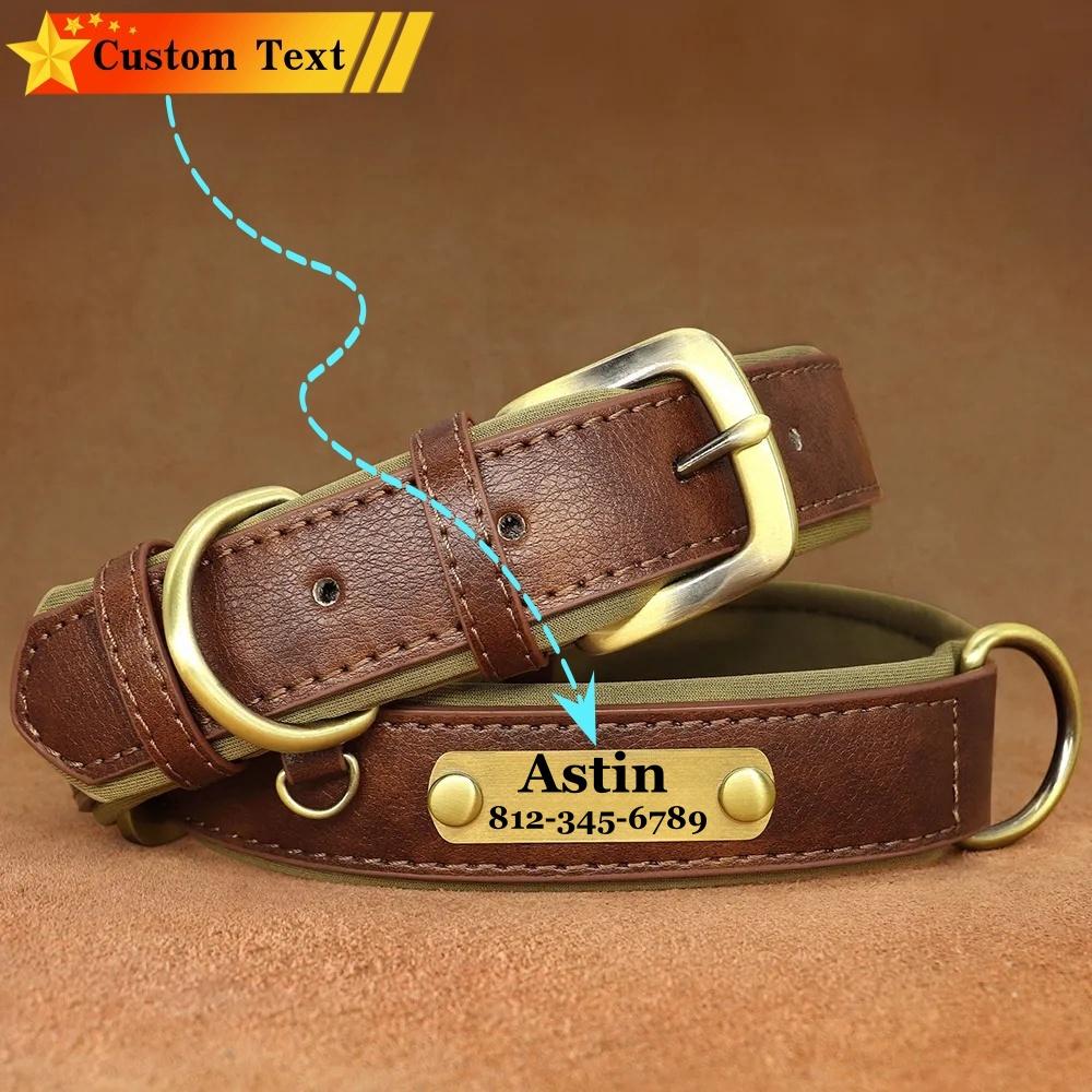 Customized ID Nameplate Dog Collar PU Leather Soft Padded Dog Collars Free Engraving Name for Small Medium Large Dogs Adjustable