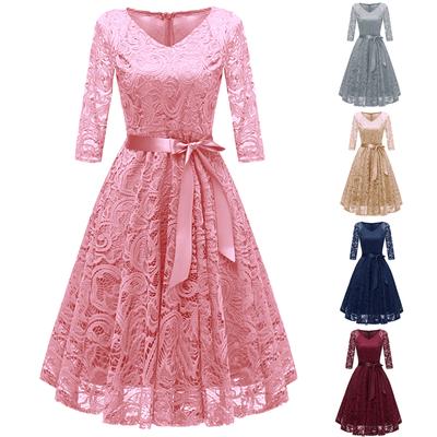 Kadın Modası Vintage V Yaka Uzun Kollu Dantel Retro İnce Abiye