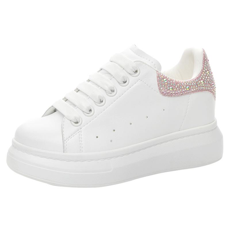 Leather Thick-soled Inner Height-increasing Women's Shoes Spring Versatile Sports and Leisure Single Shoes Round Head Student Rhinestones