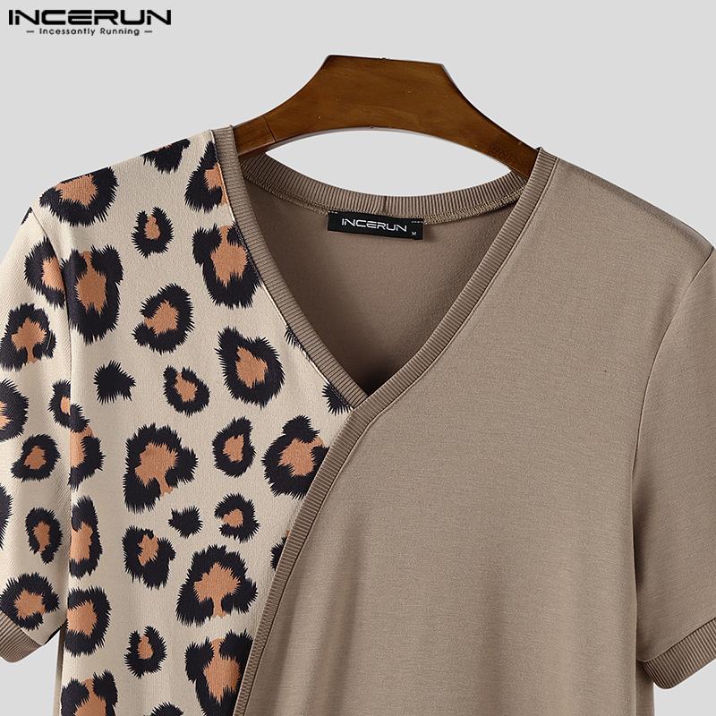 INCERUN Men V Neck Short Sleeve Leopard Patch Bow Knot Casual T-shirts