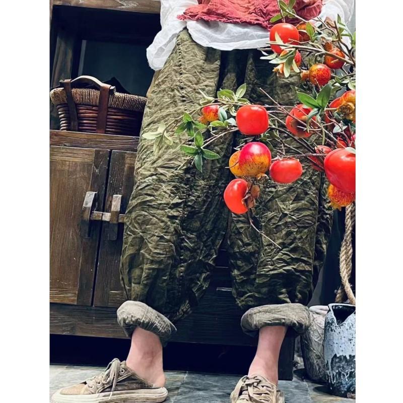 Johnature Women Harem Pants Solid Color Elastic Waist Pockets Patchwork Trousers Summer Loose Ankle Length Pants