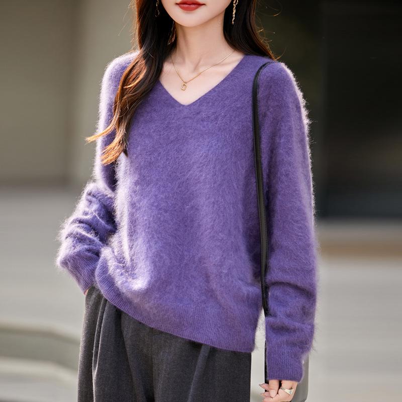 Autumn & Winter 100% Pure Wool V-Neck Loose Women's Knitted Sweater