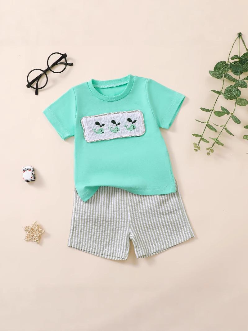 2025 Unisex Toddler Summer Casual Applique Top + Striped Shorts 0-6 Months