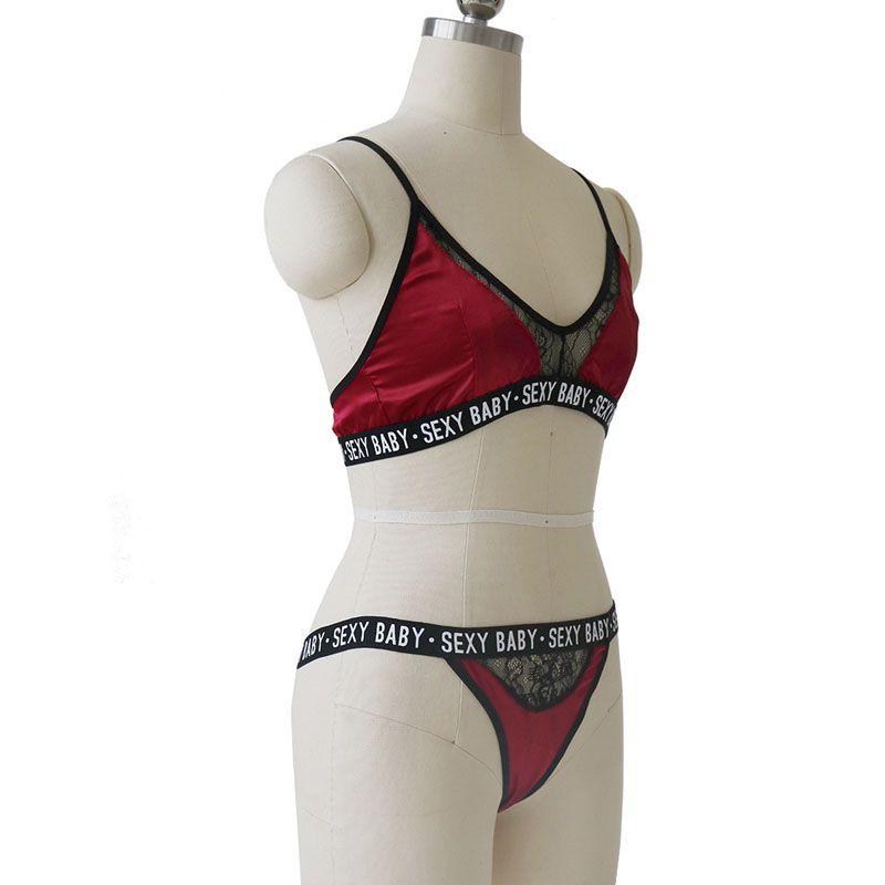 Elegantes Sexy Baby-Buchstaben-Print BH- und Höschen-Dessous-Set mit zarten Spitzenverzierungen