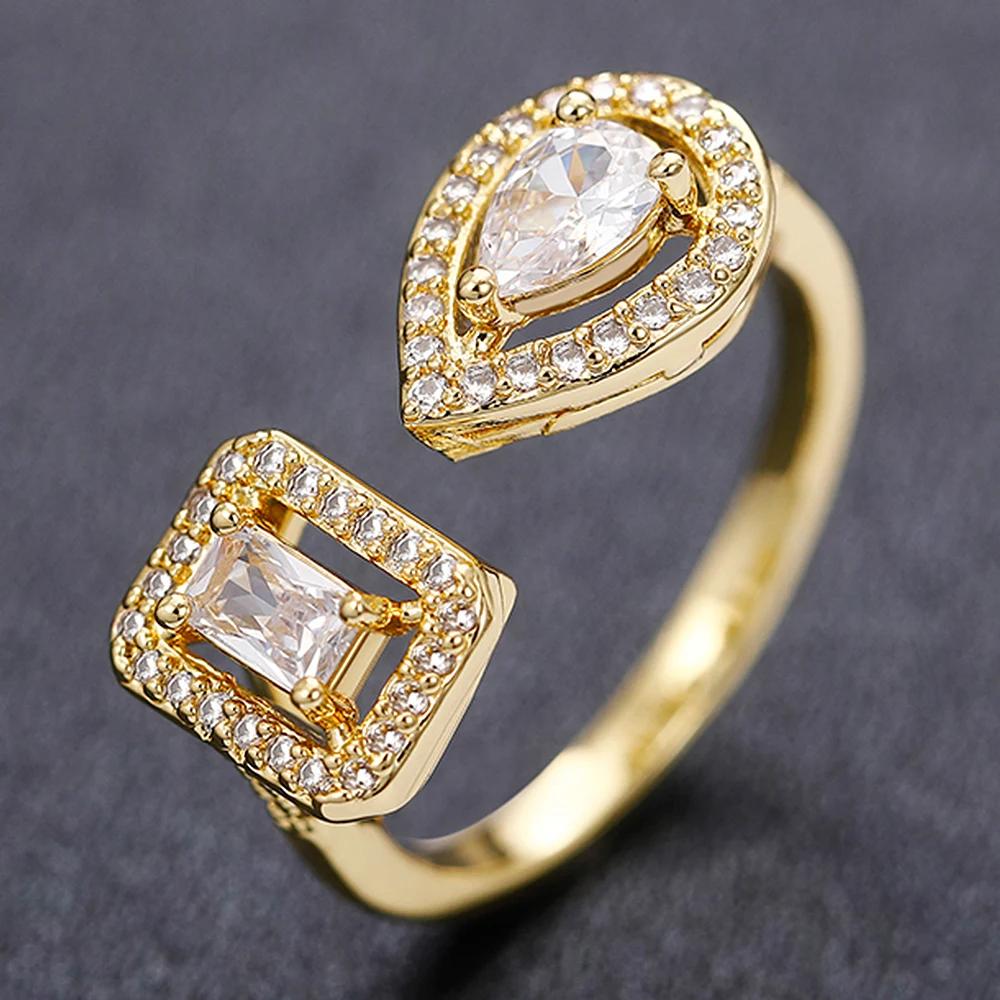 Huitan Geometric Shaped Cuff Opening Rings for Women Copper Color/Gold Color Noble Cubic Zirconia Ring Accessory Fashion Zircon