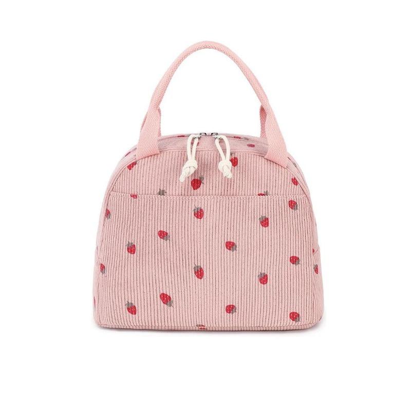 Strawberry Corduroy Large Capacity Insulated Lunch Bag for Travel & Picnic