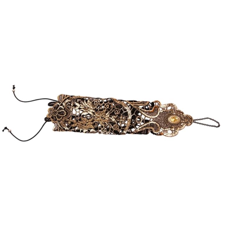 Retro-Inspired Gold Lace Gloves with Fingerless Form, Round Hand Accent, and Extended Cuffs for Evening Event